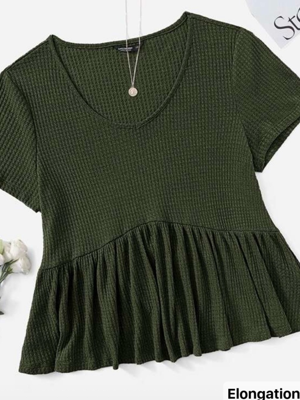SHEIN Olive Green Short Sleeve Peplum Tunic Top